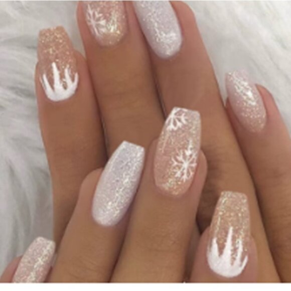 53 Boxes Nail Set 24 Piece Glitter Snowflake White Gradient False Press-On Nails - Picture 1 of 8